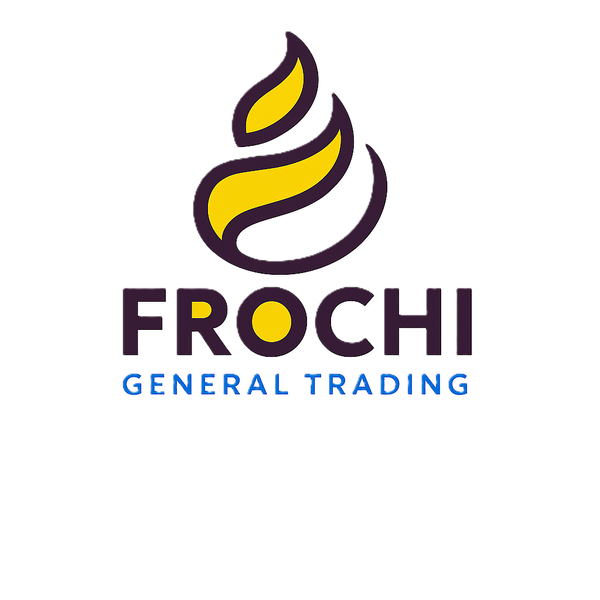 Frochi General Trading logo with a stylized flame design on a white background